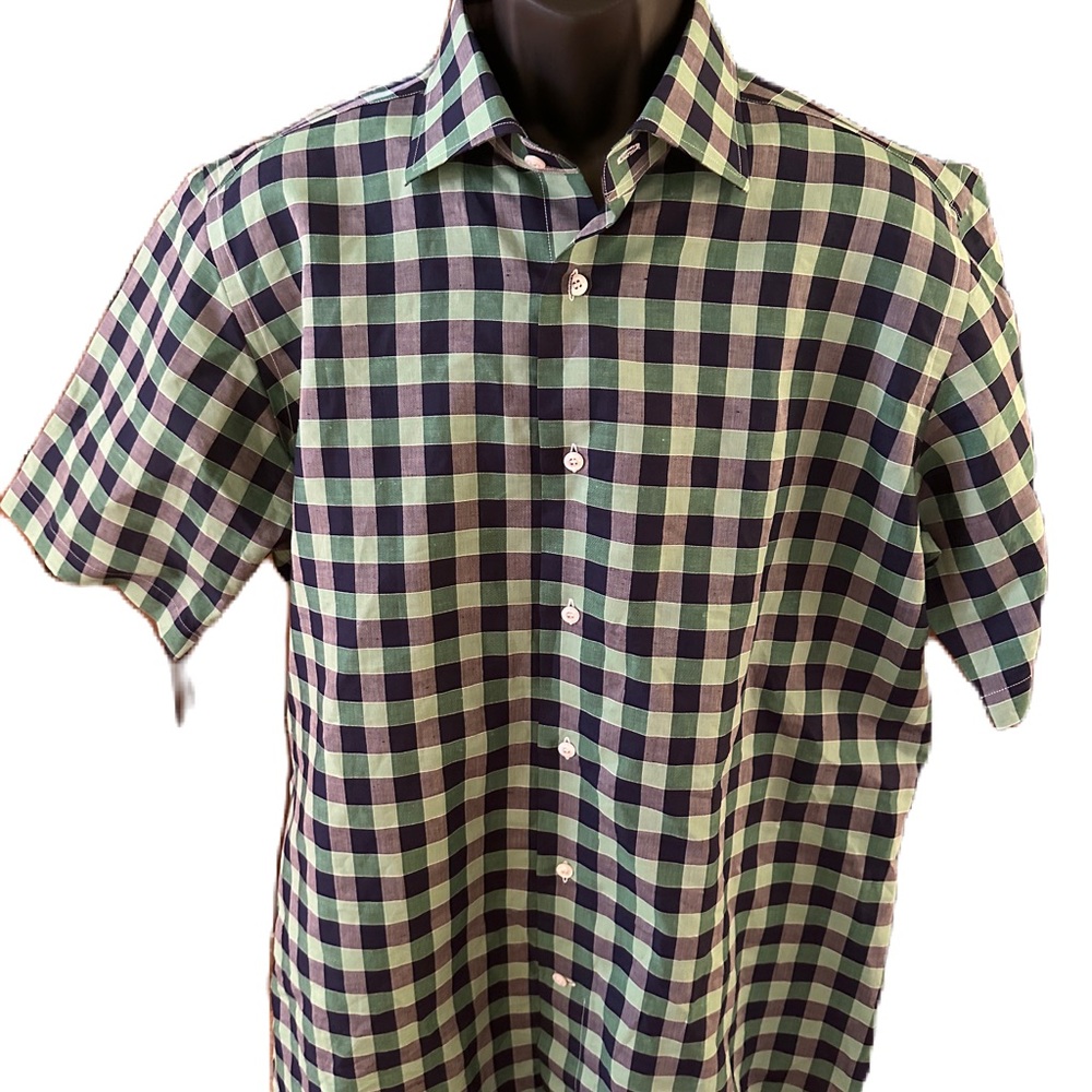 Bruli Men’s Short Sleeve Button Down Green and Blue Plaid Shirt. Size XL
